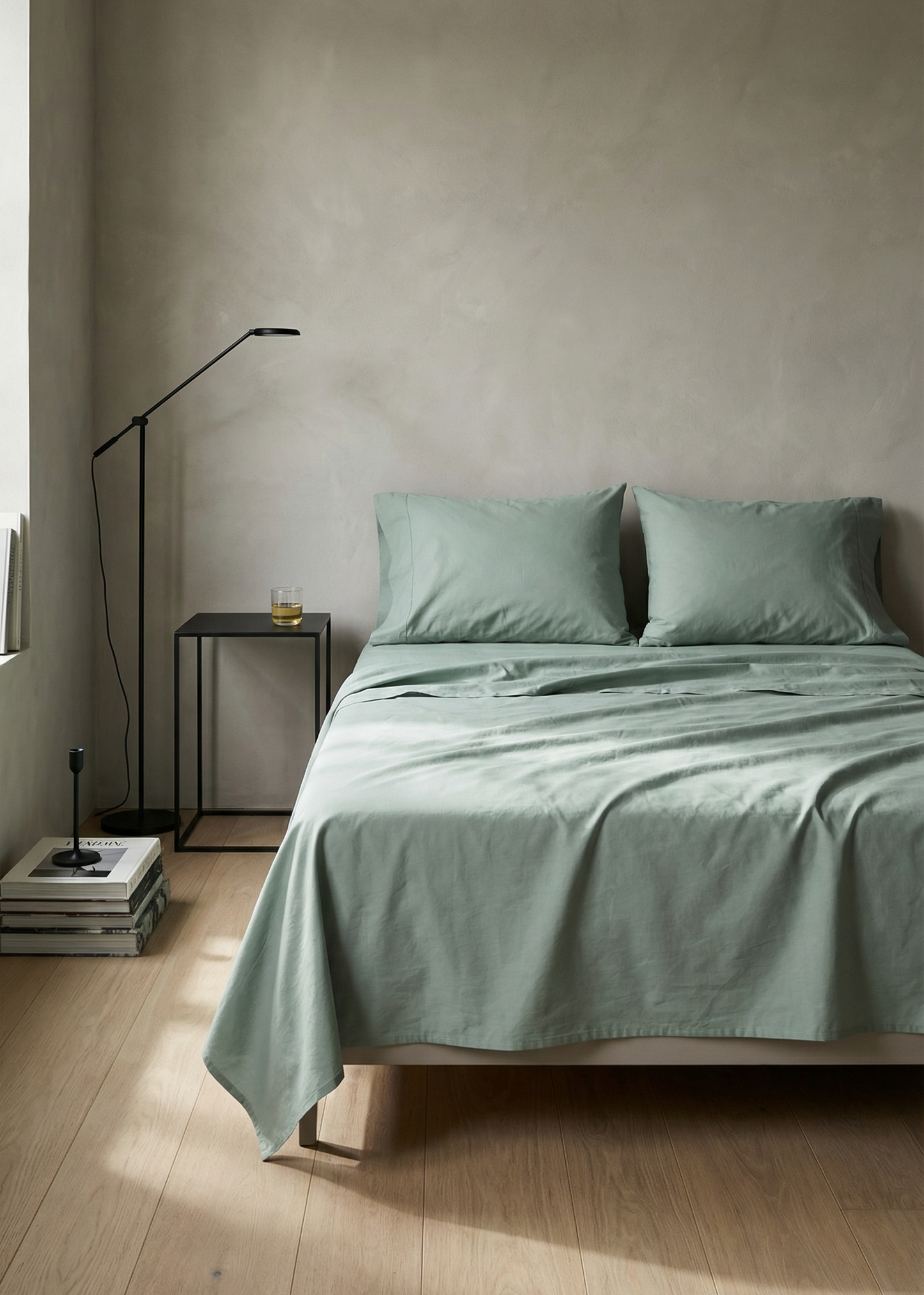 Minimalist bedroom with a bed covered in light green bedding against a plain wall.