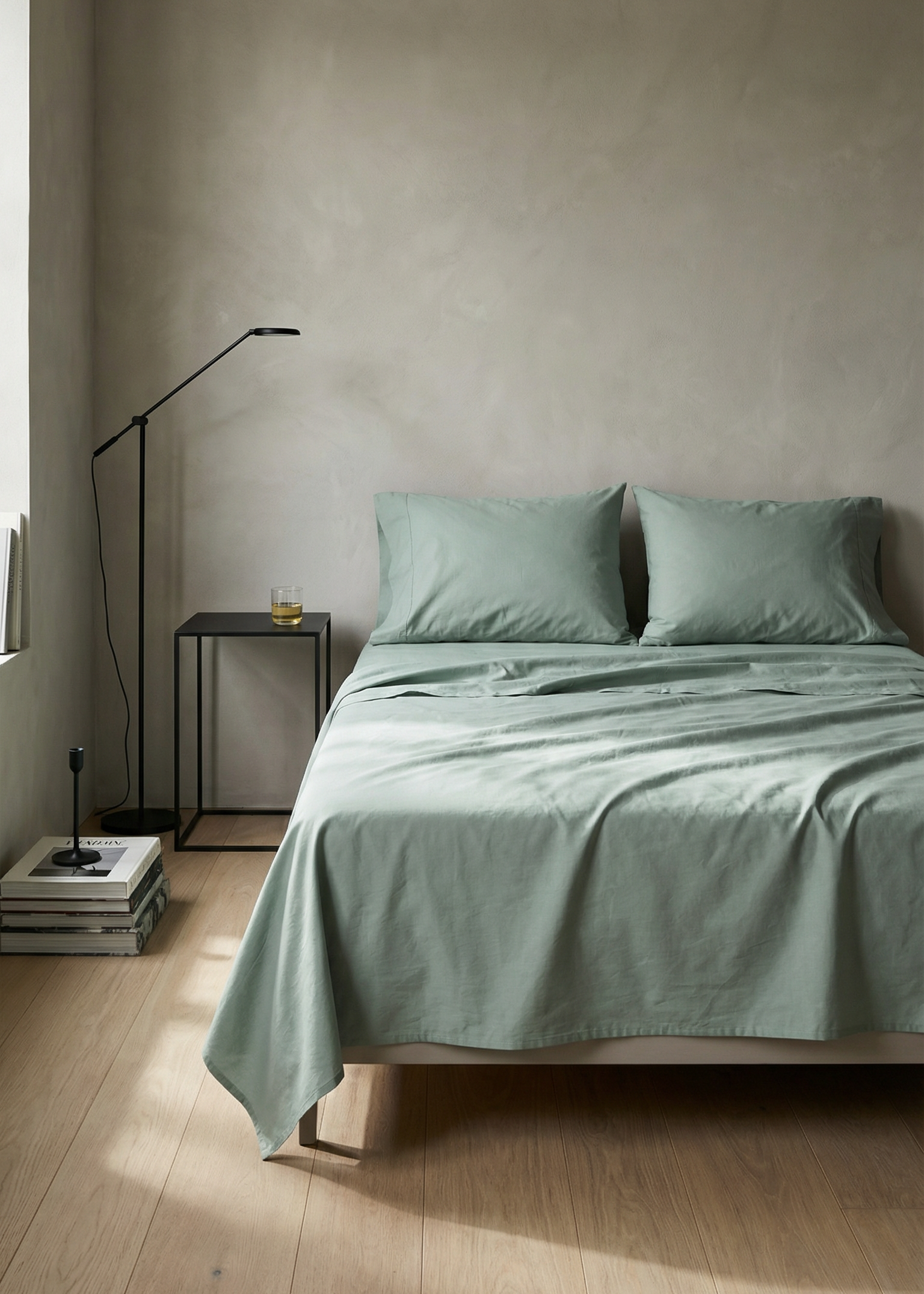 Minimalist bedroom with a bed covered in light green bedding against a plain wall.