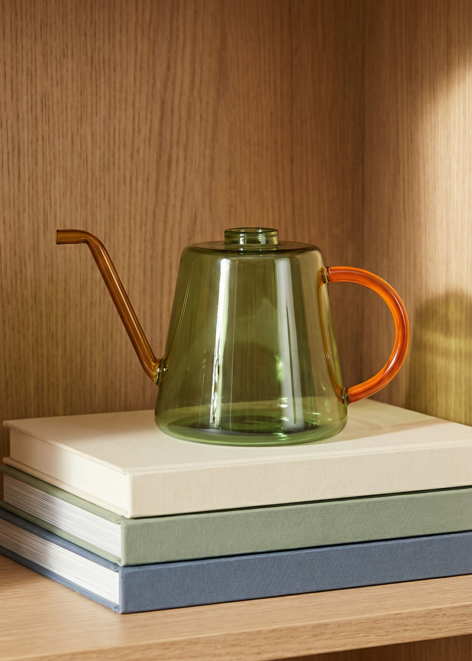 Green glass teapot with orange handle on a stack of books against a wooden shelf background