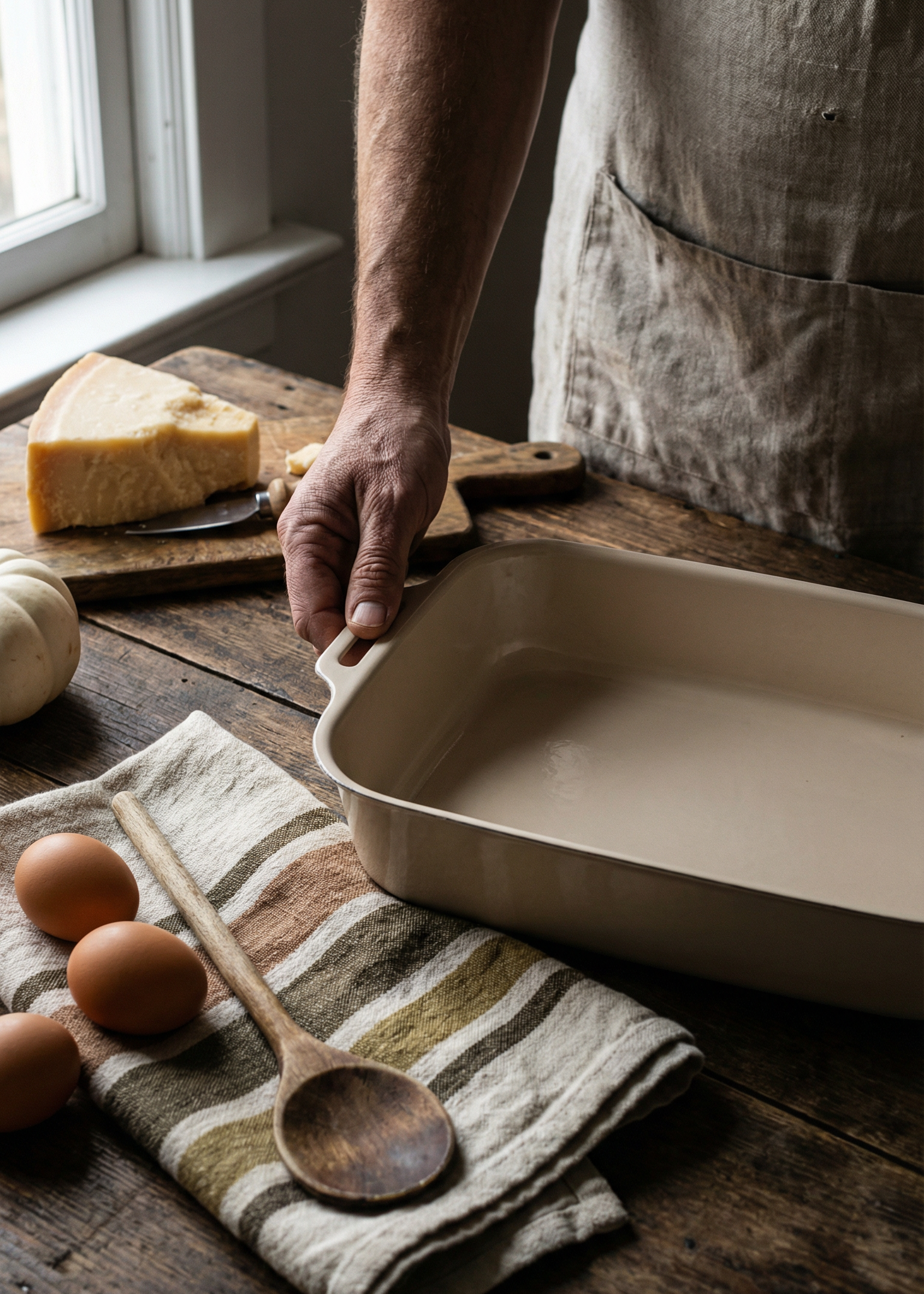 Person holding a ceramic baking dish on a wooden table with eggs and a wooden spoon.