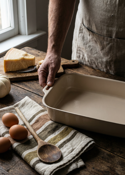 Person holding a ceramic baking dish on a wooden table with eggs and a wooden spoon.