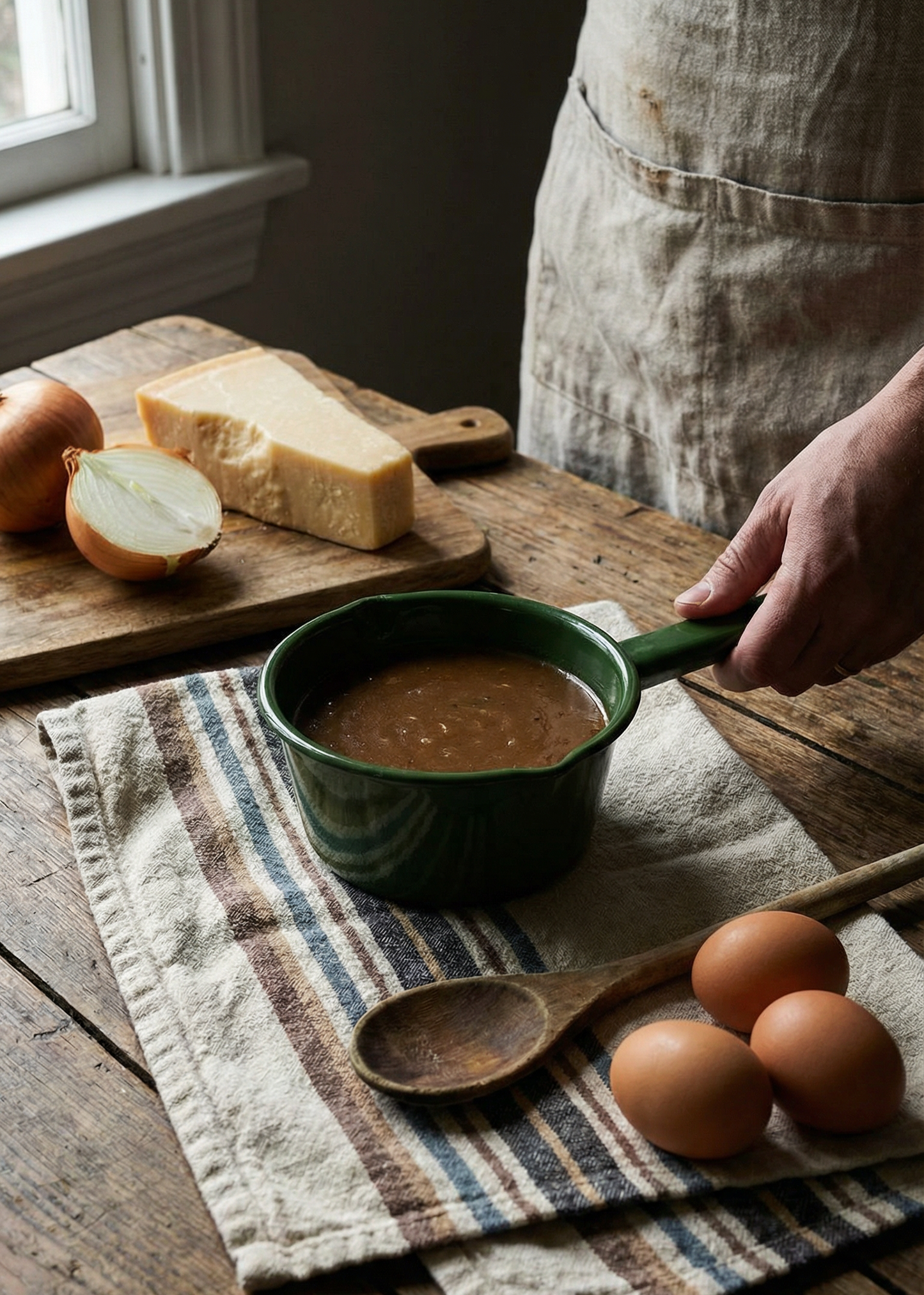 Person preparing food on a wooden table with a green pot, eggs, and a wooden spoon.