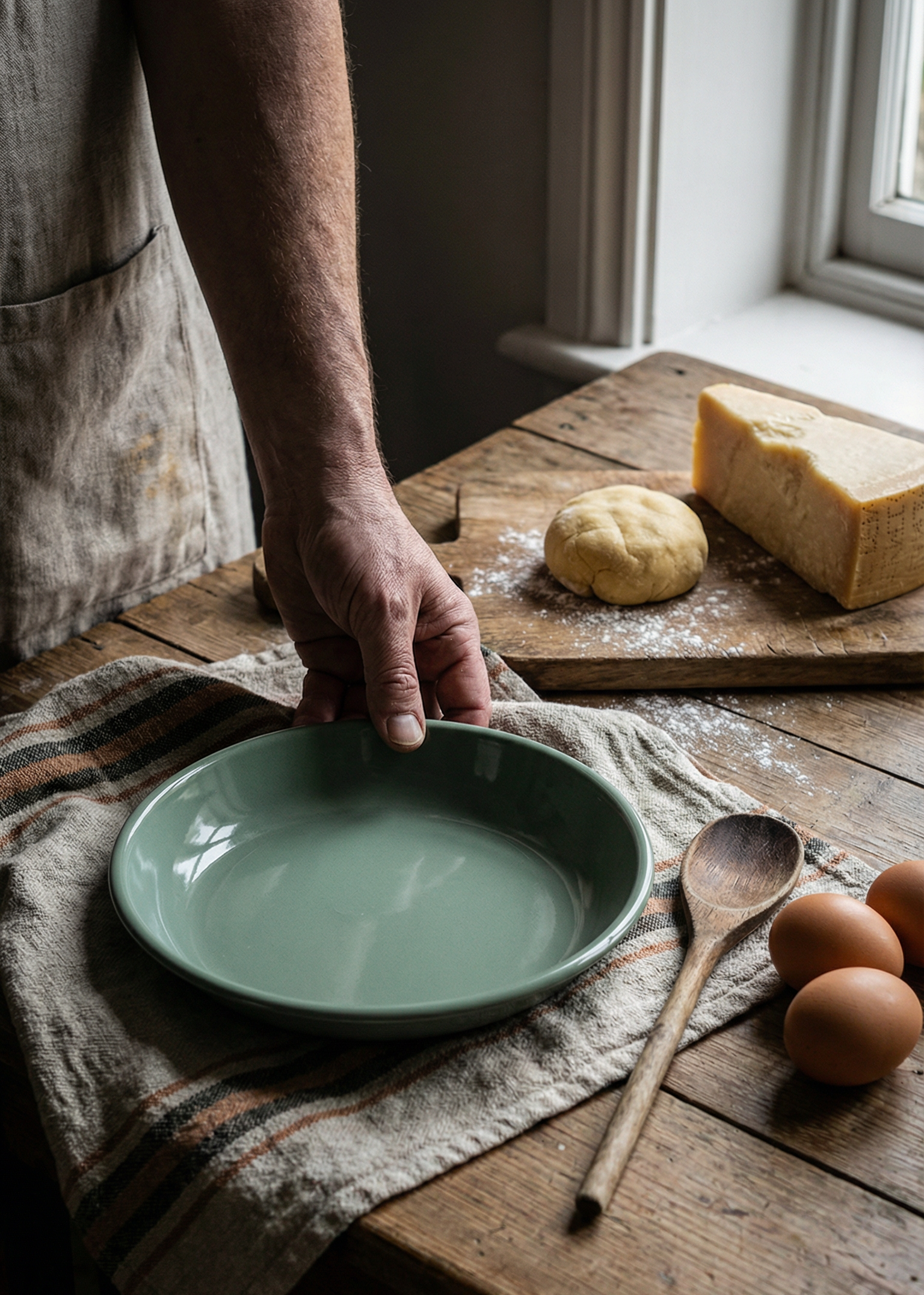 Person holding a green plate on a rustic wooden table with bread, eggs, and a wooden spoon.