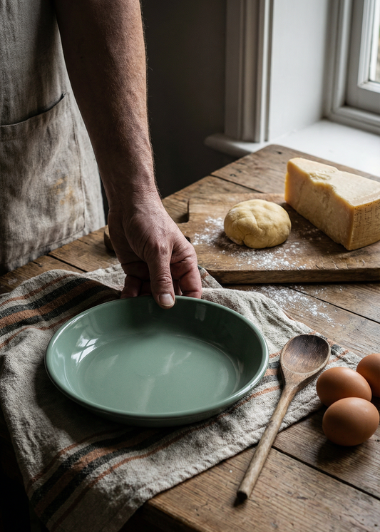 Person holding a green plate on a rustic wooden table with bread, eggs, and a wooden spoon.