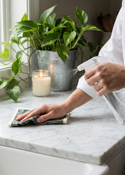 Person cleaning a kitchen counter with a cloth and spray bottle, candle and plant in the background.