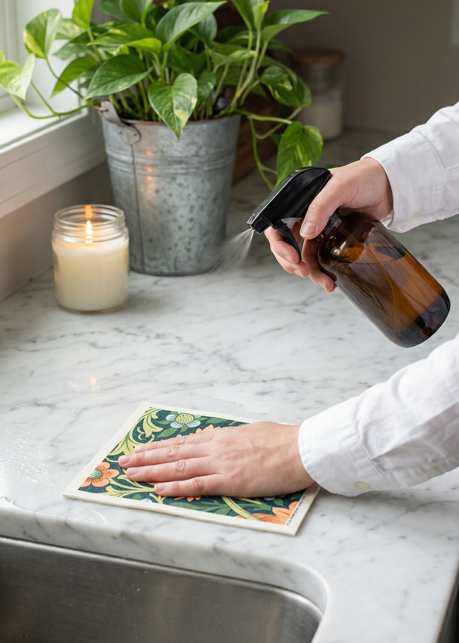 Person cleaning a kitchen counter with a plant and candle in the background