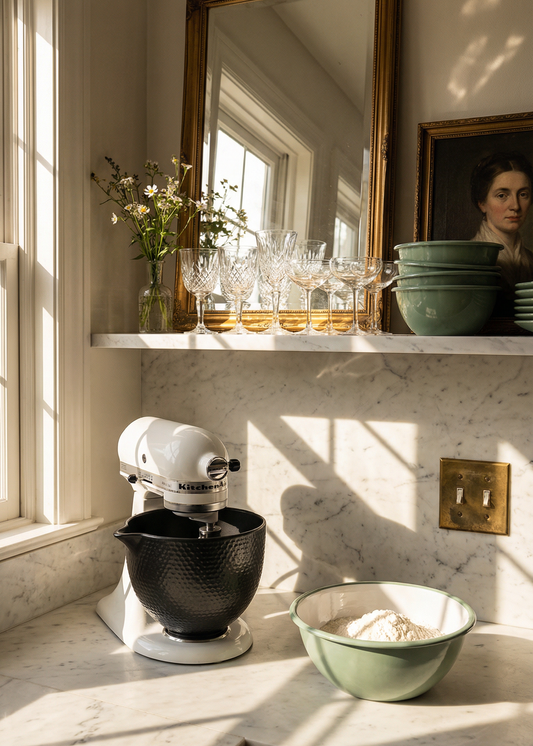 Kitchen counter with a stand mixer, bowls, and a mirror reflecting a window.