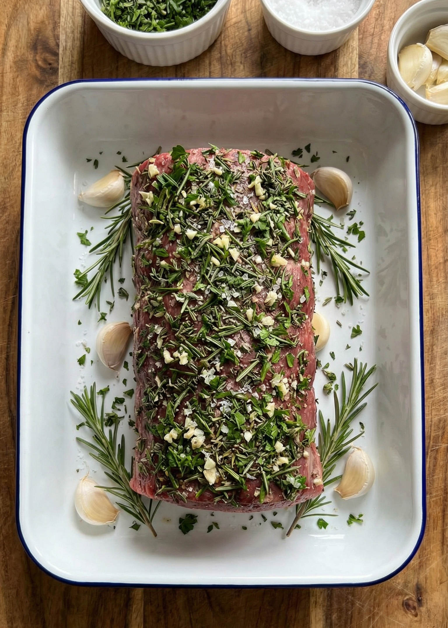 Raw meatloaf with herbs and garlic on a white tray on a wooden surface