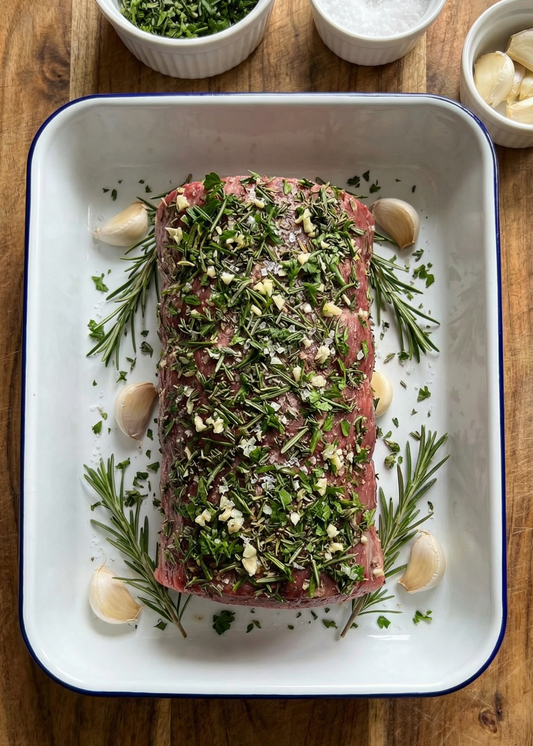 Raw meatloaf with herbs and garlic on a white tray on a wooden surface