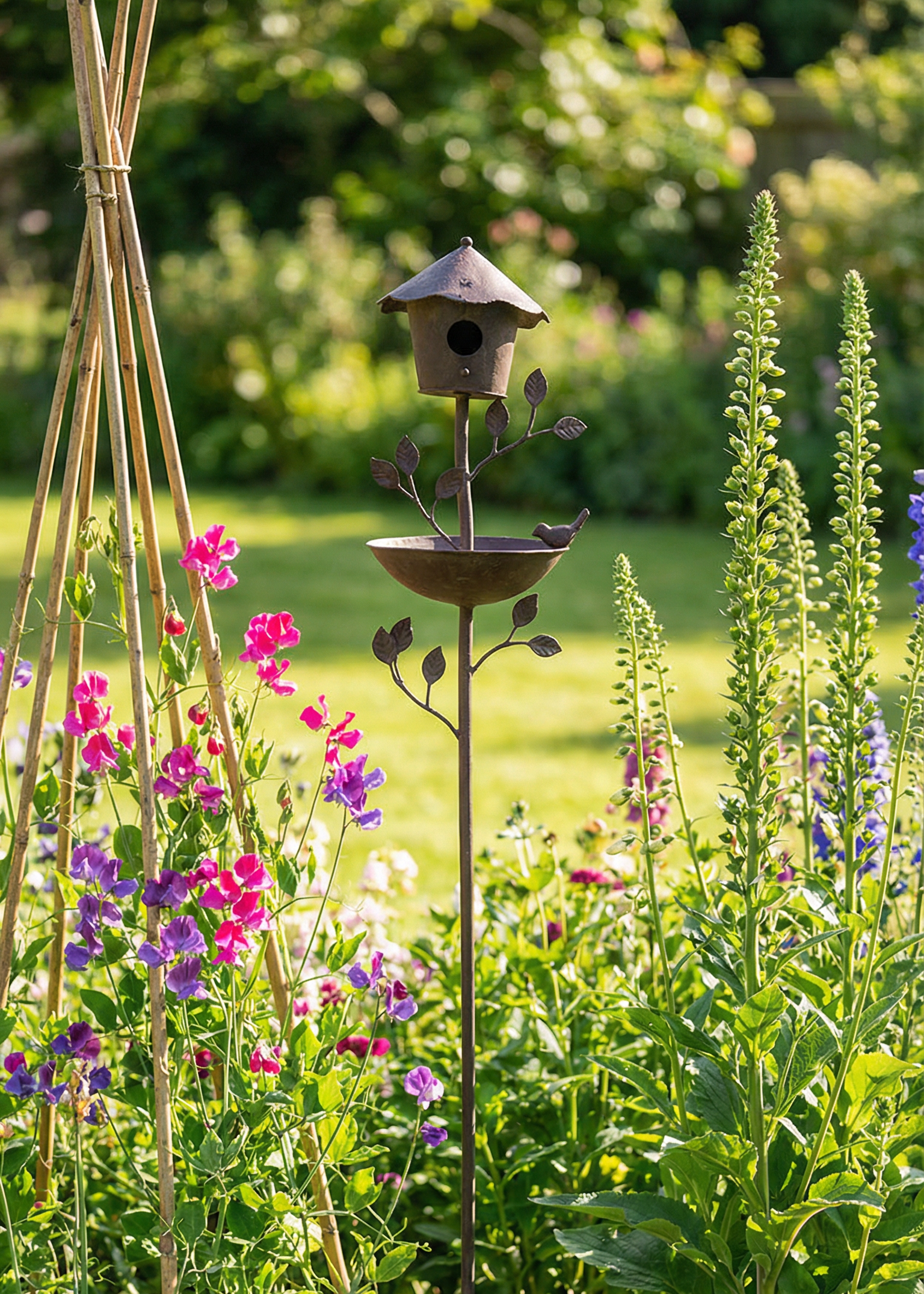 Decorative garden stake with birdhouse and birdbath surrounded by flowers and plants.