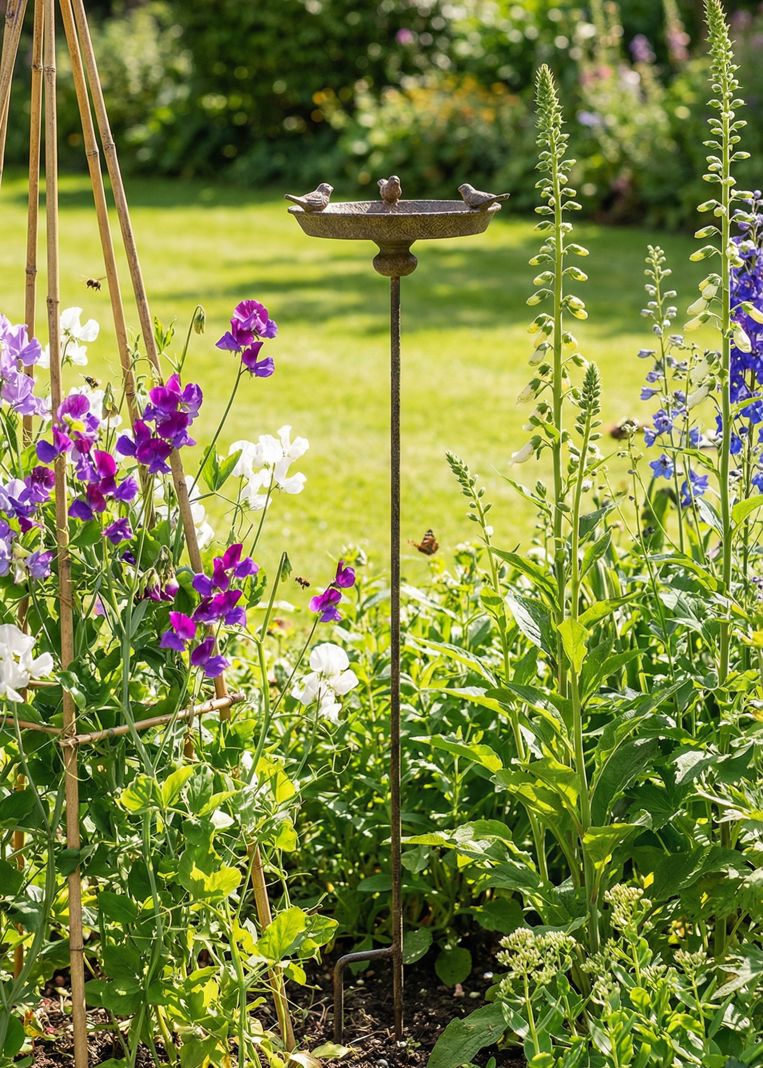 Garden scene with a bird bath and colorful flowers