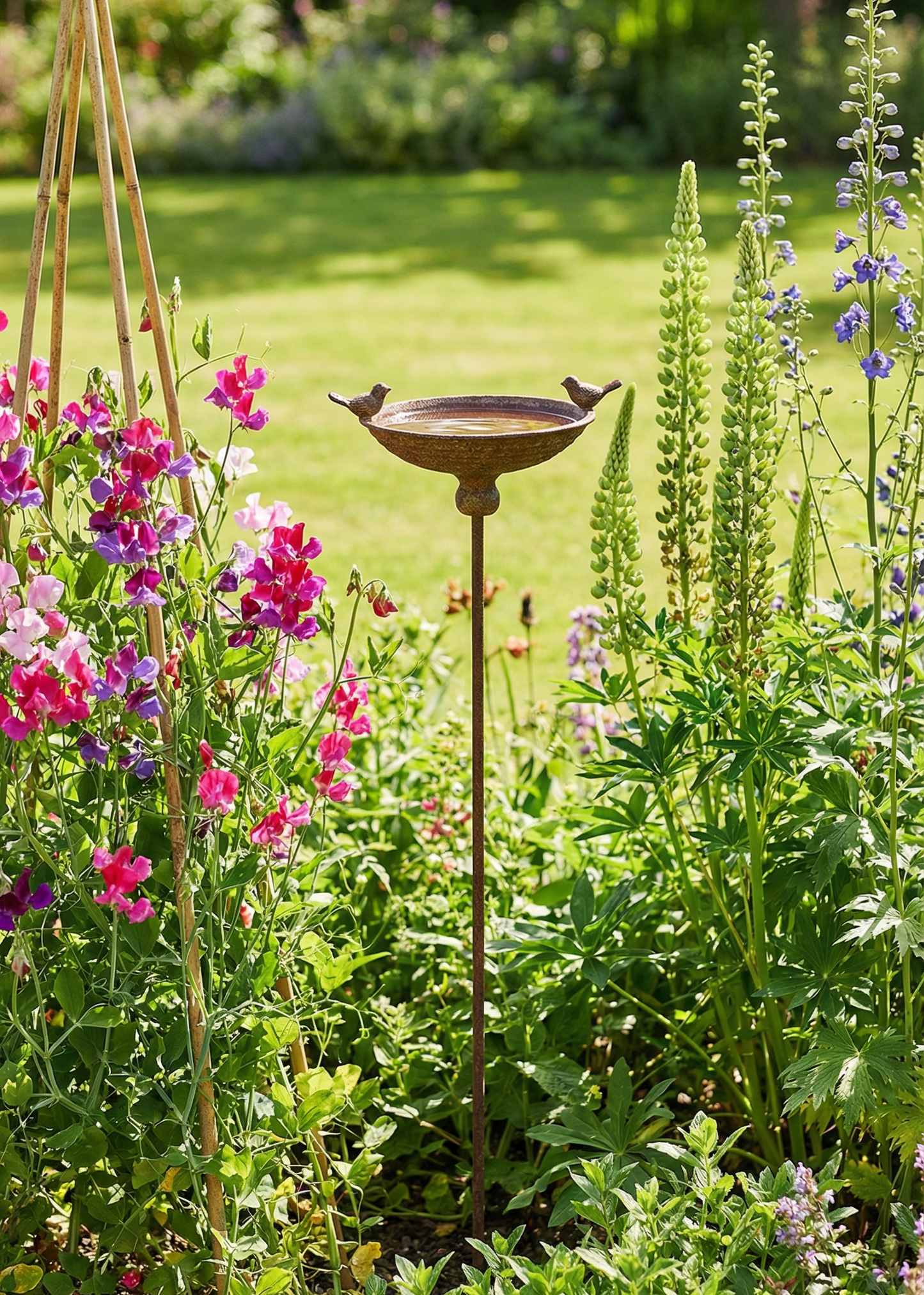 Bird bath in a garden with flowers and greenery