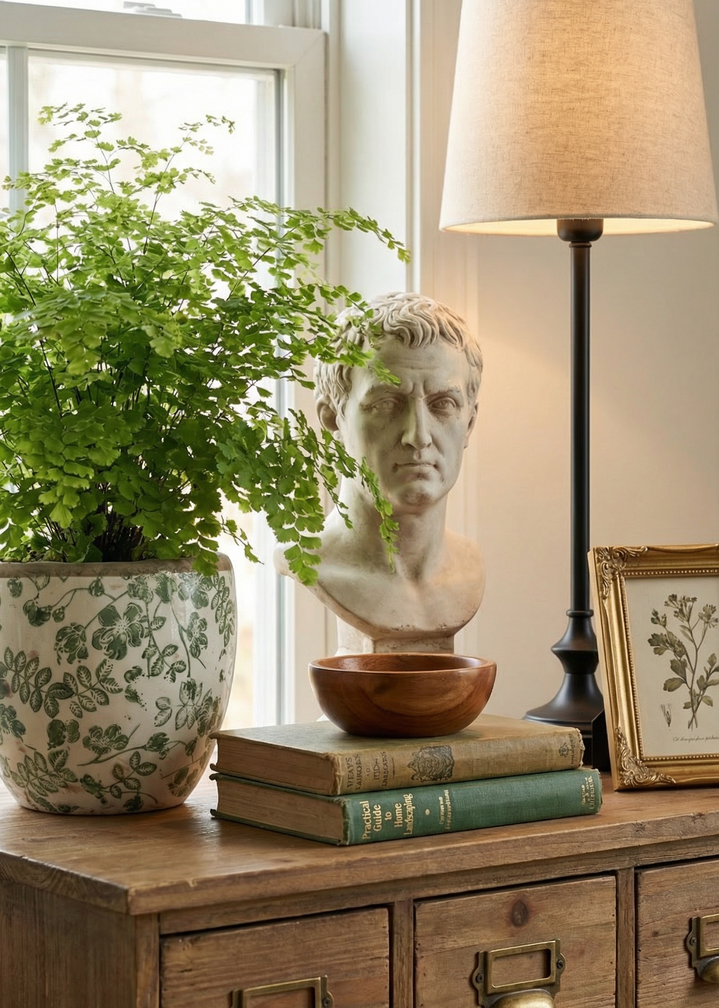Decorative setting with a potted plant, statue bust, books, and lamp on a wooden dresser.