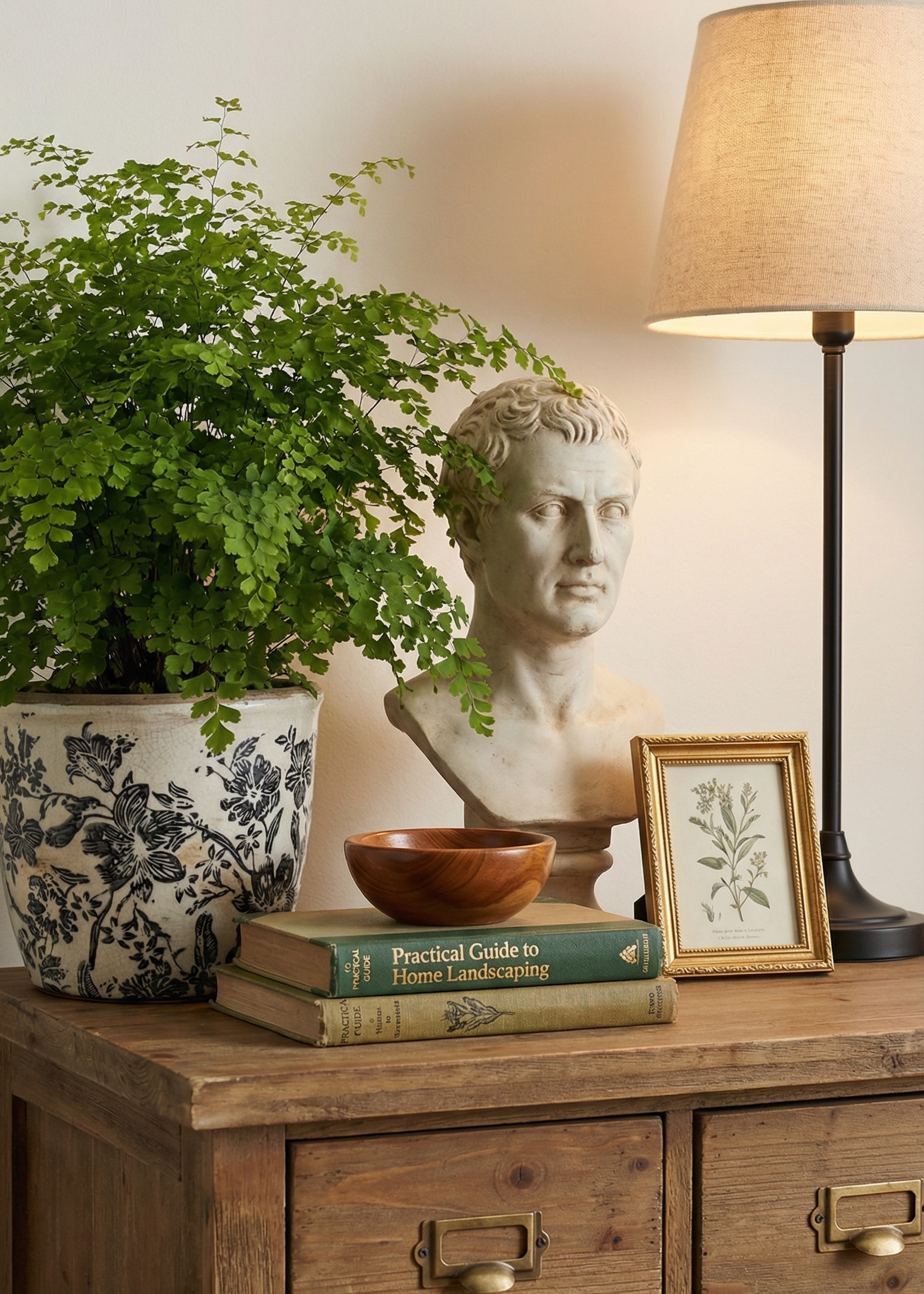 Decorative setting with a wooden dresser, plant, books, lamp, and statue.