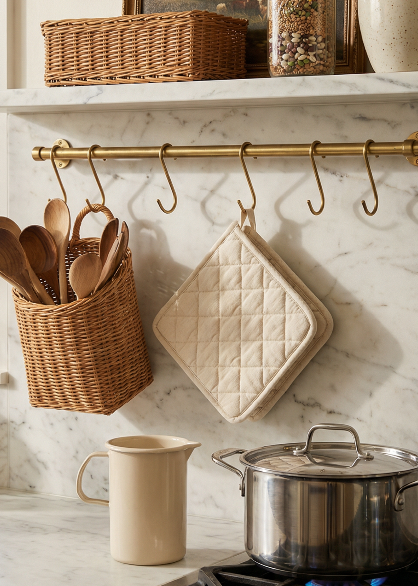 Kitchen scene with pots, pans, and utensils on a stove, shelves with decor, and a window.