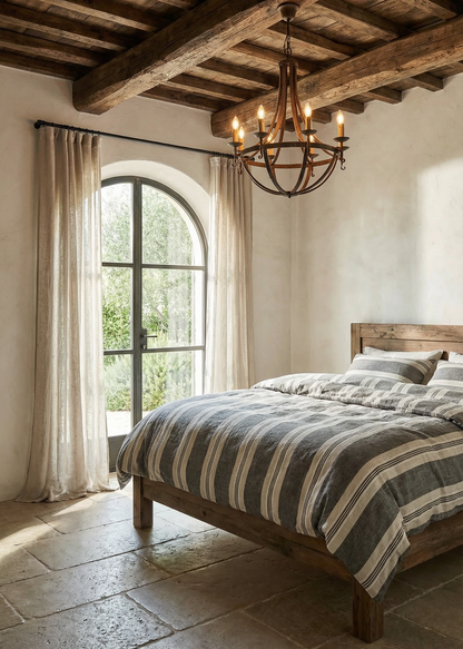 Cozy bedroom with wooden beams, a chandelier, and a striped bedspread.