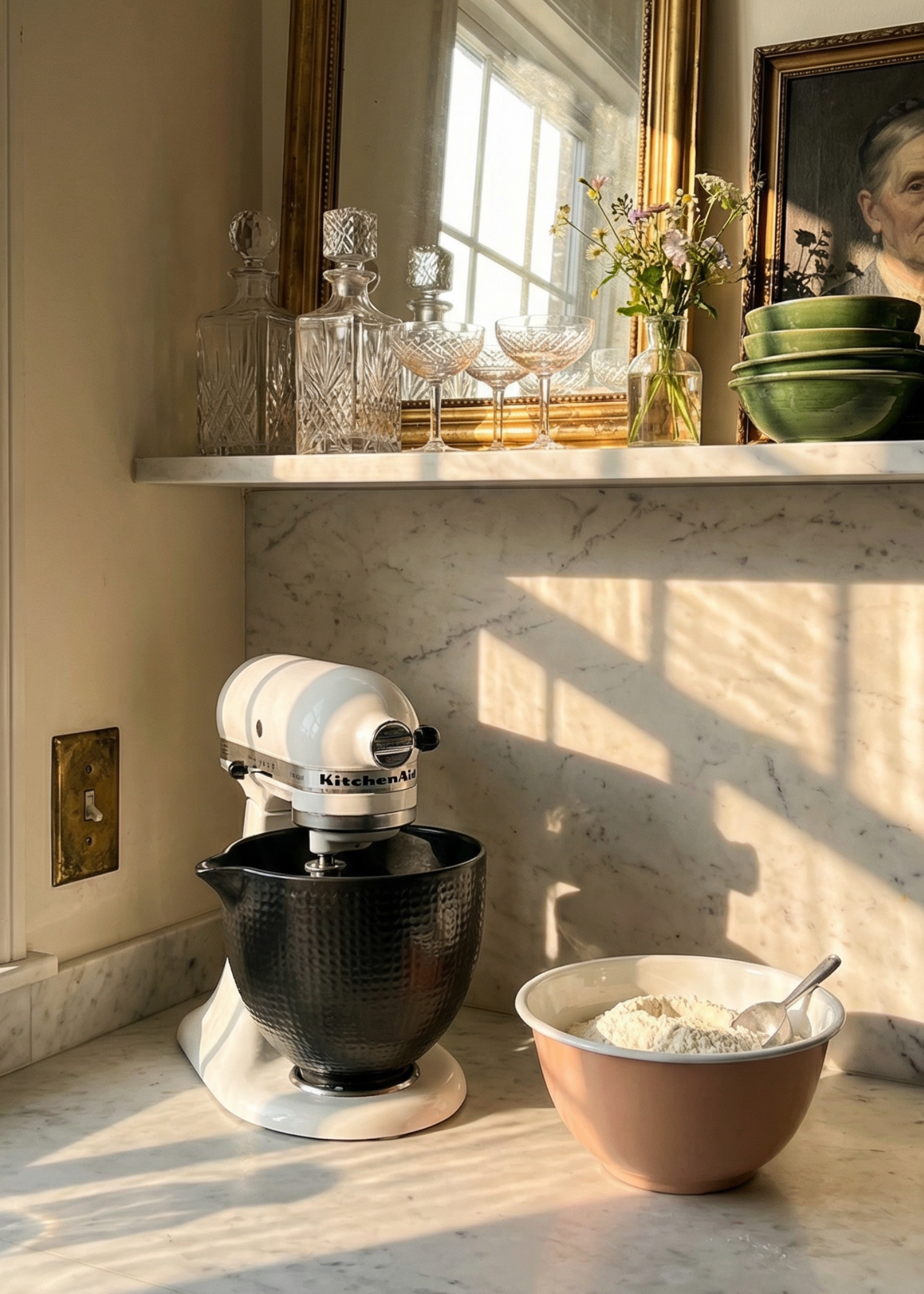 Kitchen scene with a stand mixer, bowl, and decorative items on a marble countertop.
