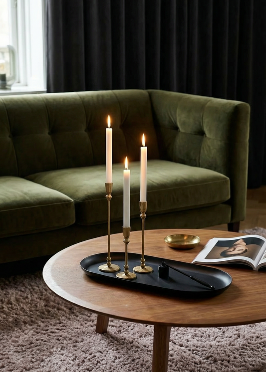 Green sofa with a wooden coffee table featuring candles and decorative items in a cozy living room.