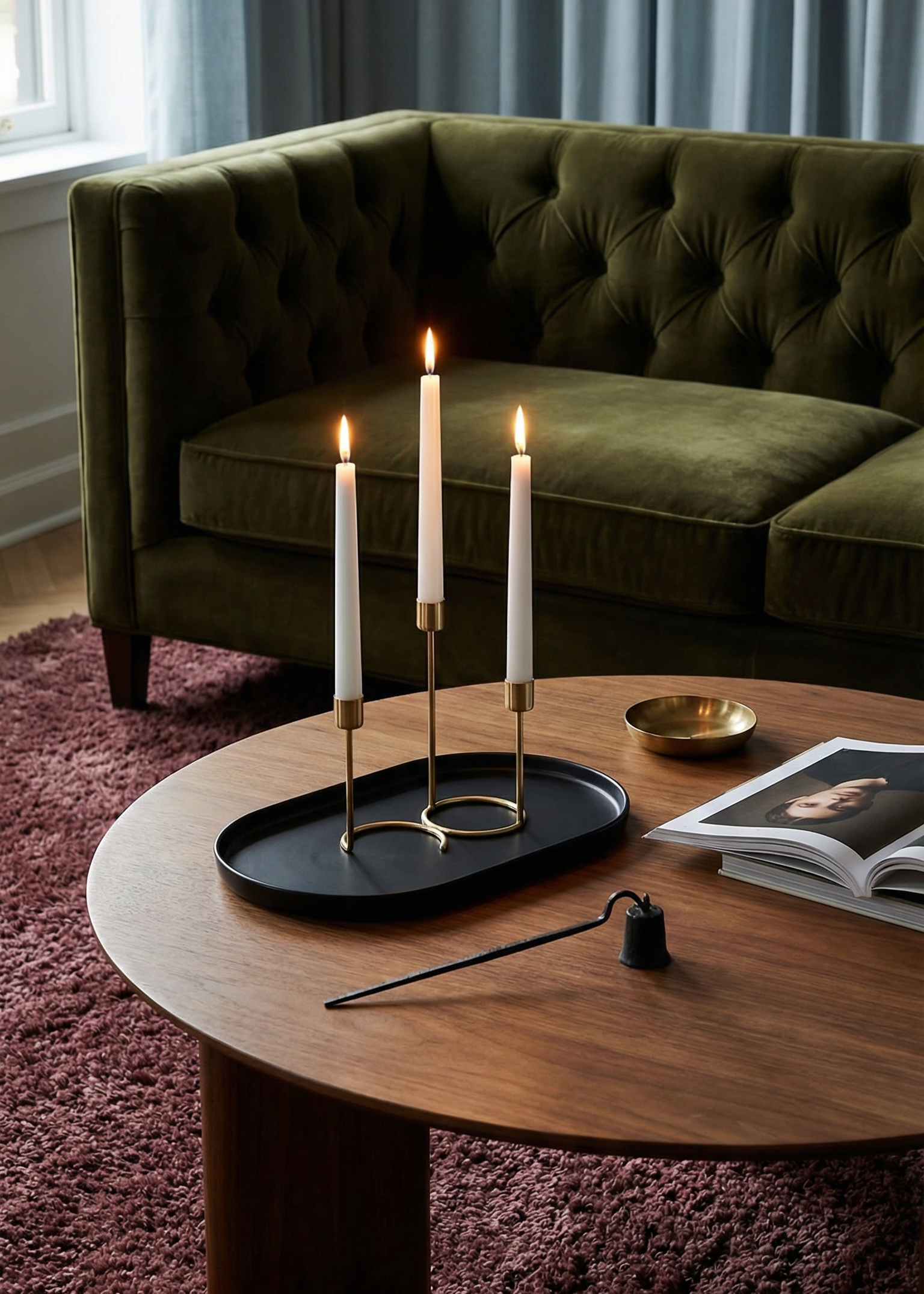 Green tufted sofa with a wooden coffee table featuring candles and a book in a cozy room.
