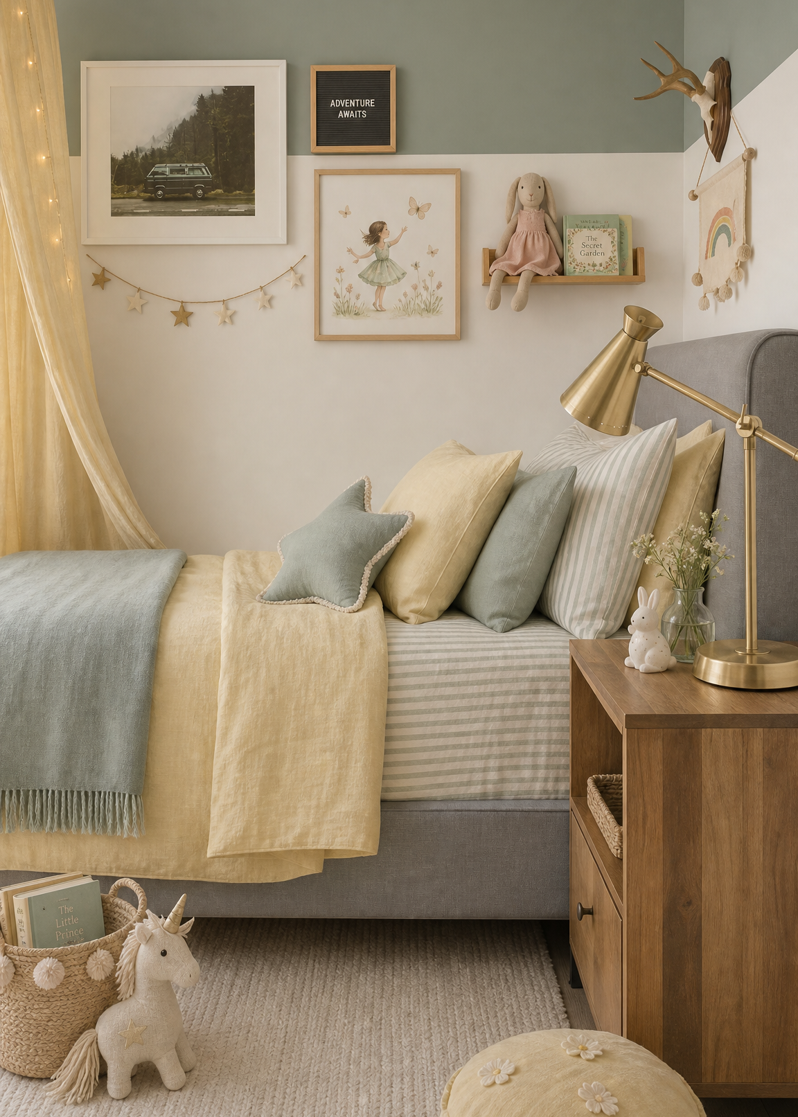 Children's bedroom with a bed, nightstand, and decorative items.