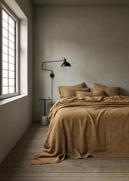 A rustic bedroom scene featuring a bed dressed in a textured mustard-brown linen cover and matching pillows, set against a warm gray plaster wall and light wood flooring. A black wall-mounted lamp stands beside the bed next to a window.