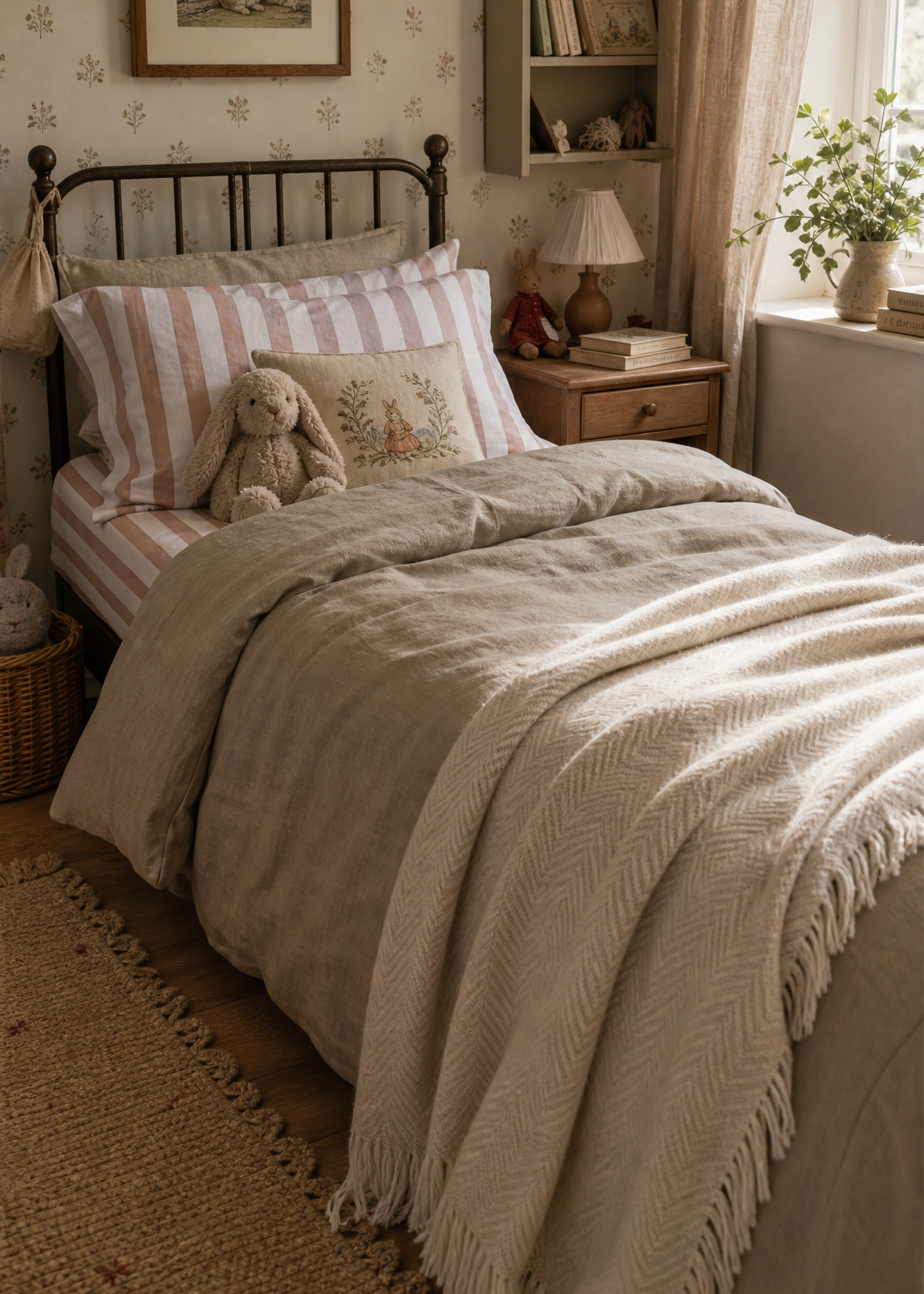 Cozy bedroom with a bed, pillows, and a teddy bear, featuring a lamp and books on a nightstand.