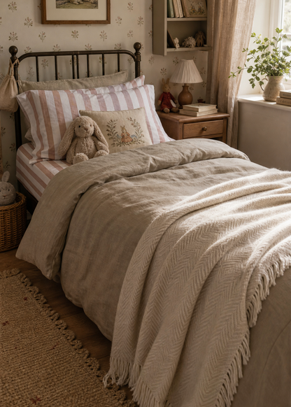 Cozy bedroom with a bed, pillows, and a teddy bear, featuring a lamp and books on a nightstand.