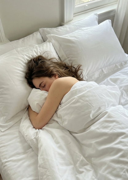 Person sleeping in a bed with white bedding