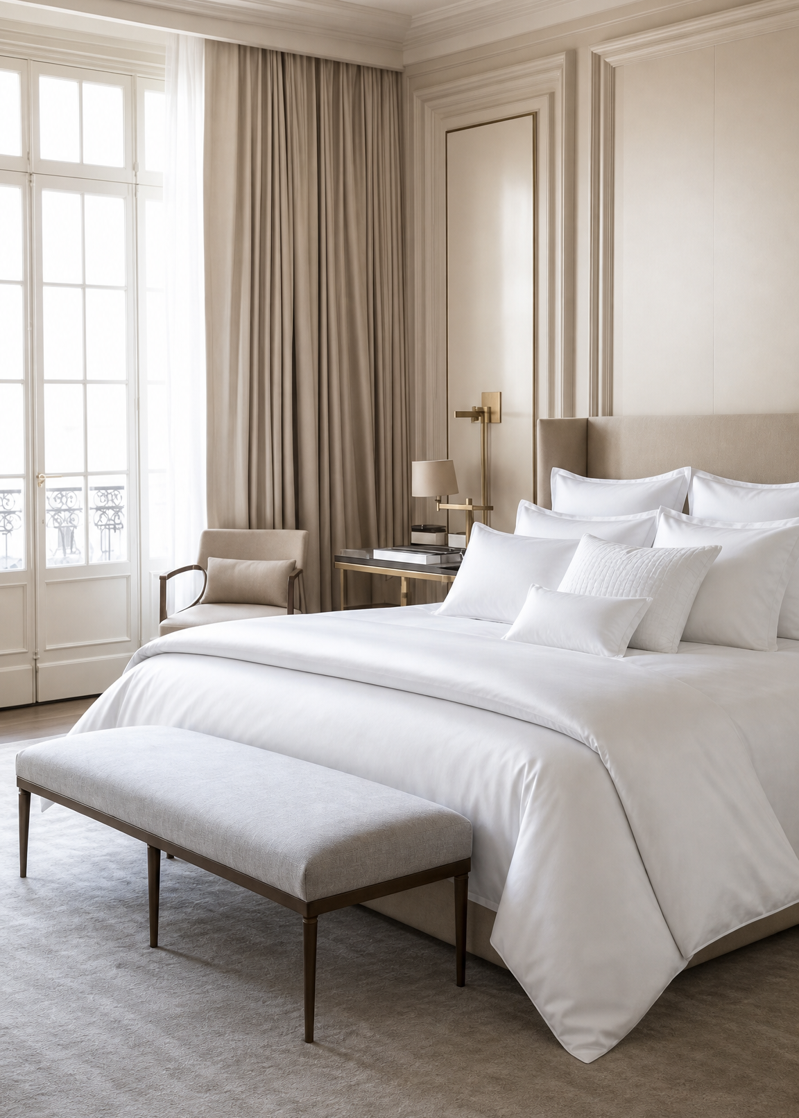 Luxurious bedroom with white bedding, a bench, and a large window.