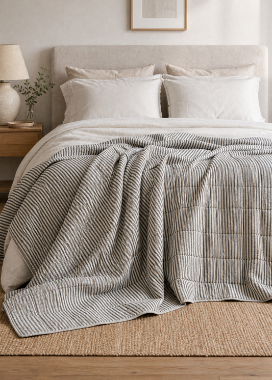 Neatly made bed with striped bedding in a bedroom setting.