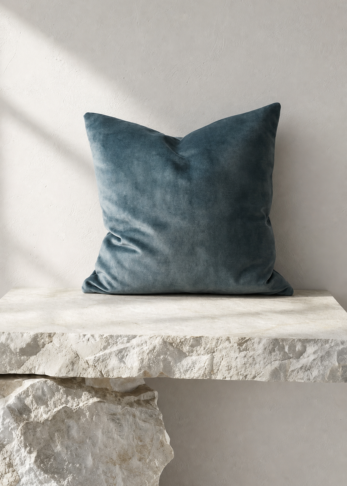 A square slate blue velvet throw pillow displayed on a rustic white stone ledge against a neutral textured wall.