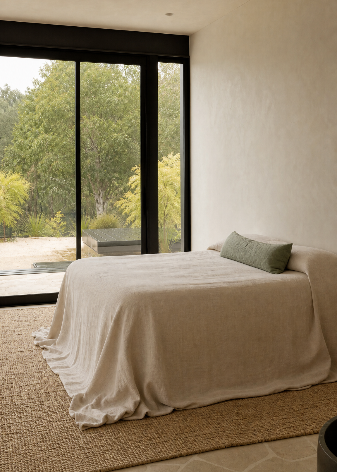 Modern bedroom with a bed, green pillow, and large windows overlooking trees.
