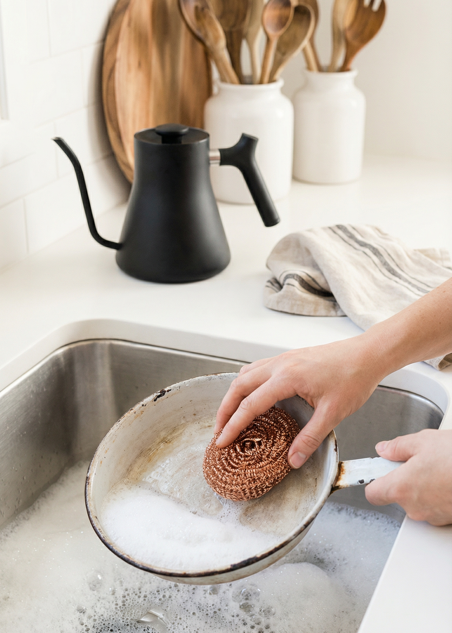 Person washing a pot with a scrubber in a kitchen sink, with a black kettle and wooden utensils in the background.
