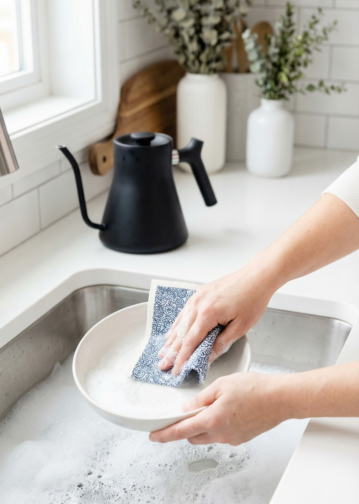 Person washing a dish in a kitchen sink with a black kettle and white vases in the background.