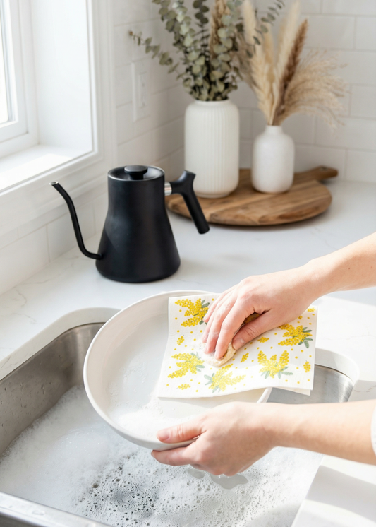 Person washing dishes with a floral dishcloth in a kitchen sink.