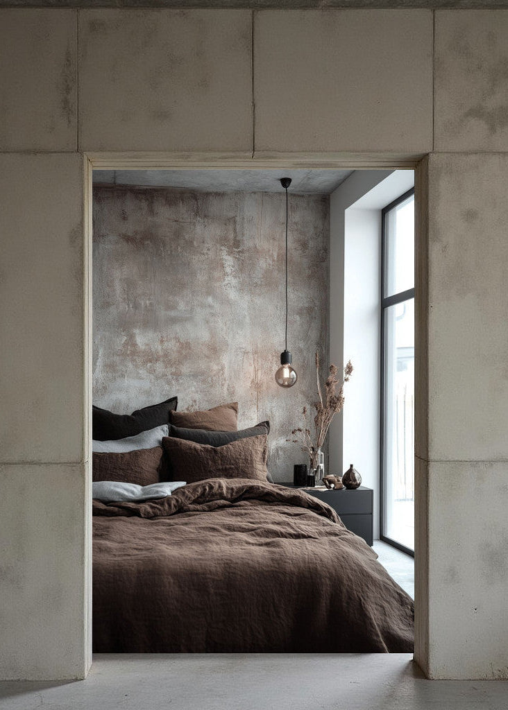 Bedroom with textured walls and a window, featuring a bed with brown bedding.