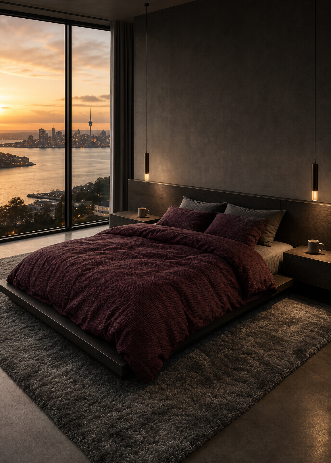 A modern bedroom with a low platform bed dressed in deep burgundy bedding, set on a large gray shag rug. The room features a dark textured wall, minimalist nightstands, and a large floor-to-ceiling window overlooking a city skyline at sunset.