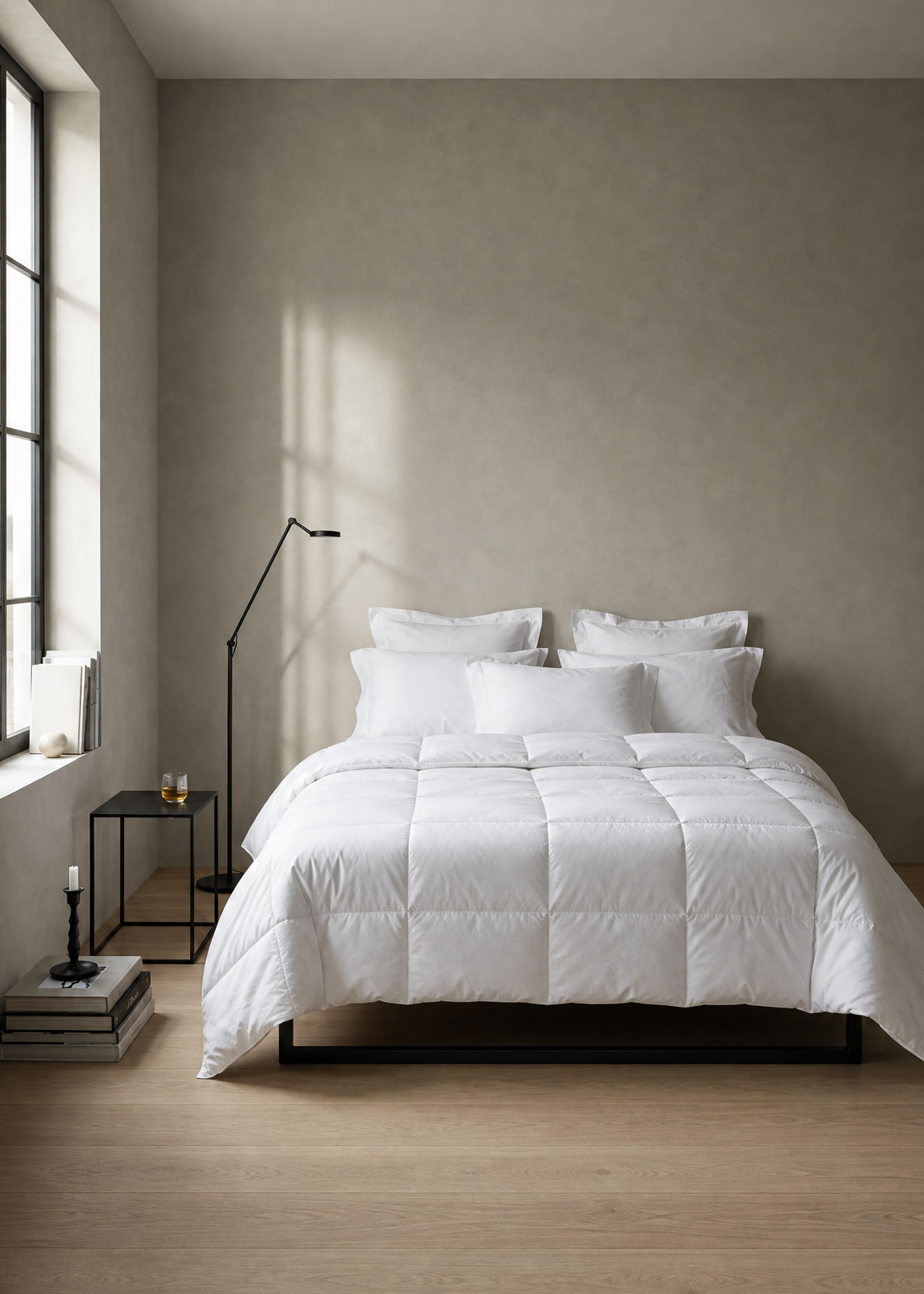 A neatly made bed with white bedding and multiple white pillows in a minimalist bedroom with a textured beige wall, light wood floor, and a black floor lamp.