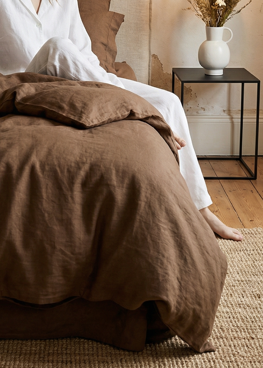 Woman sitting on a bed with brown bedding in a room with textured walls and a side table.