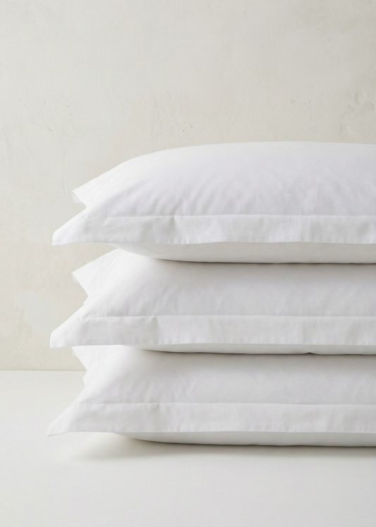 Stack of white pillows on a light gray background