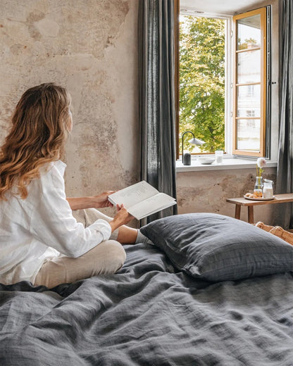 Charcoal Grid Linen Duvet Cover Set  | European Oeko-Tex® certified