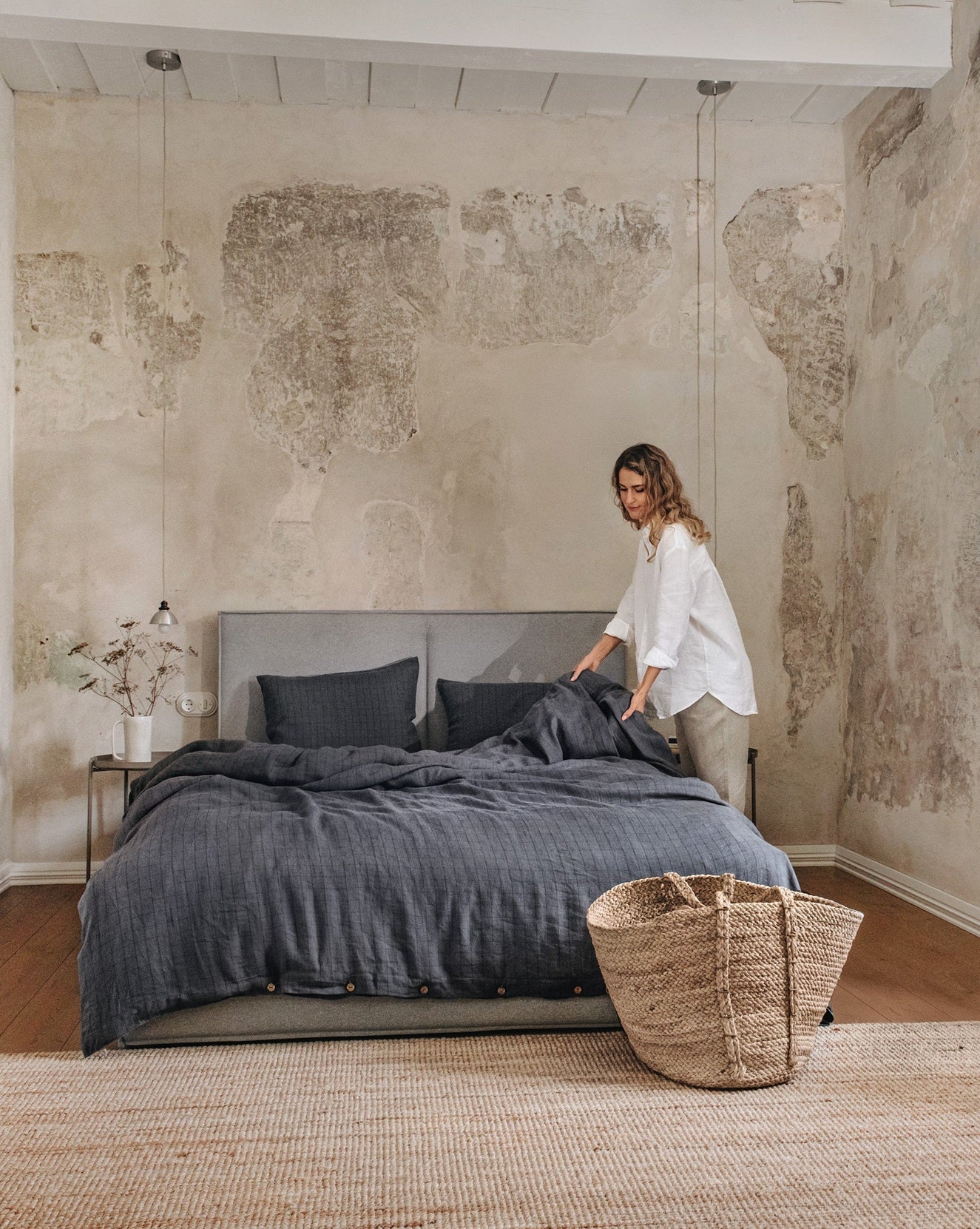 Charcoal Grid Linen Duvet Cover Set  | European Oeko-Tex® certified