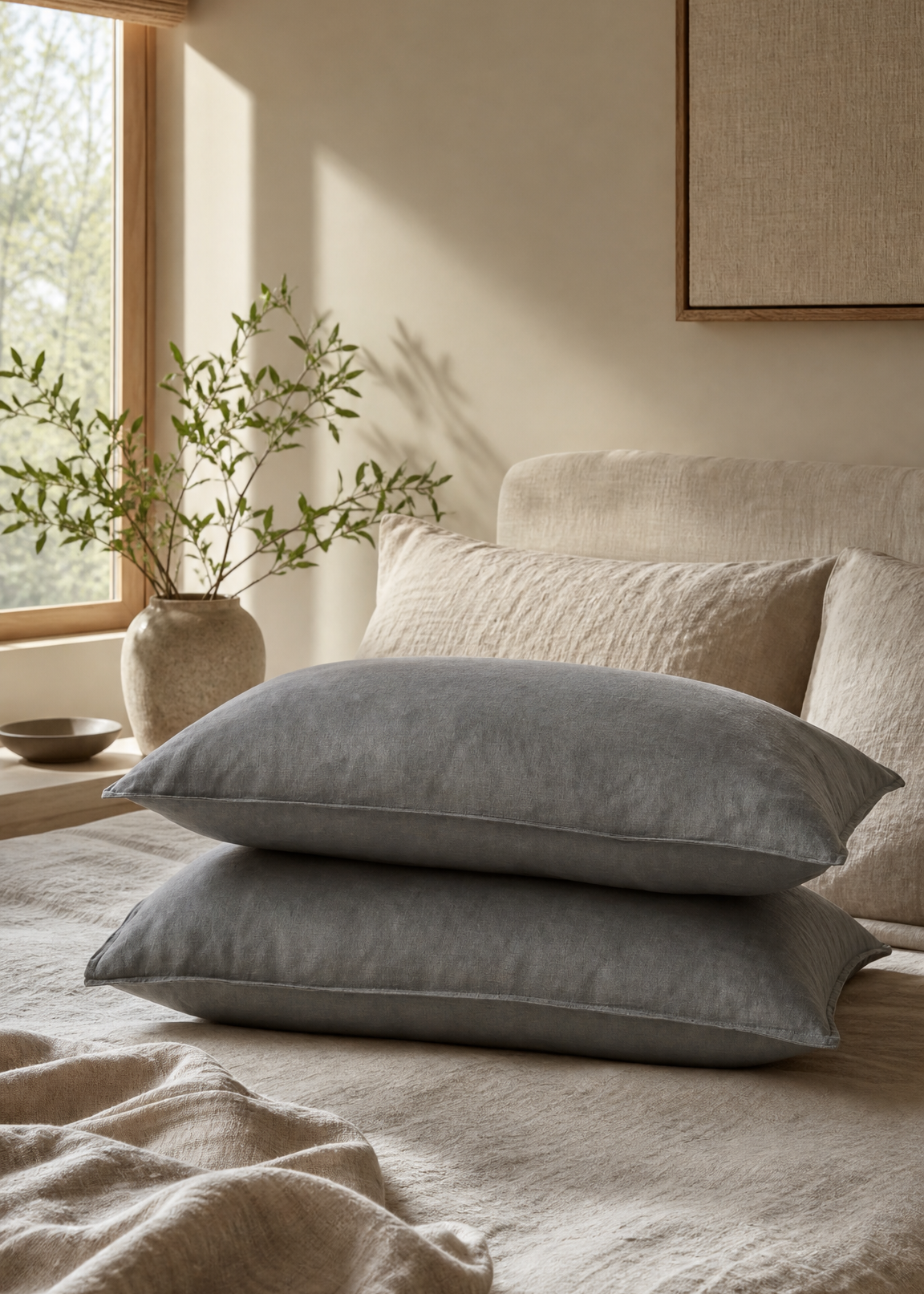 Two stacked light gray pillows on a bed with beige linens in a softly lit bedroom. A window, plant in a vase, and framed wall art are visible in the background.