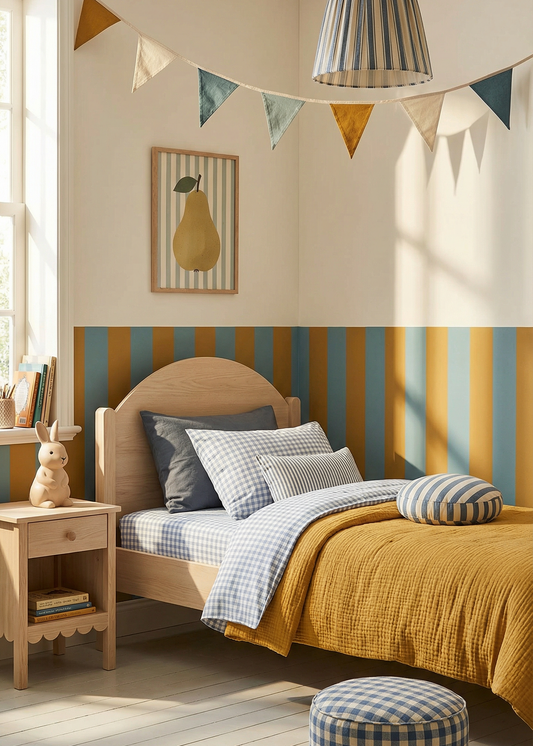 Children's bedroom with striped walls, bed, and decorative elements.