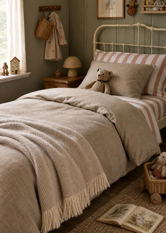 Cozy bedroom with a bed, teddy bear, and decorative items.