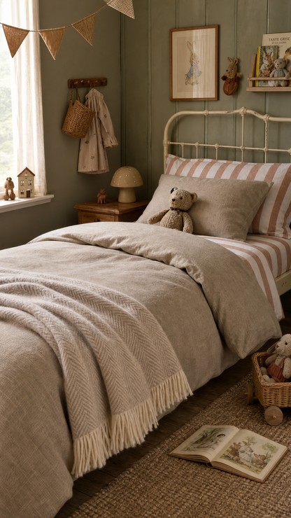 Cozy bedroom with a bed, teddy bear, and decorative items.