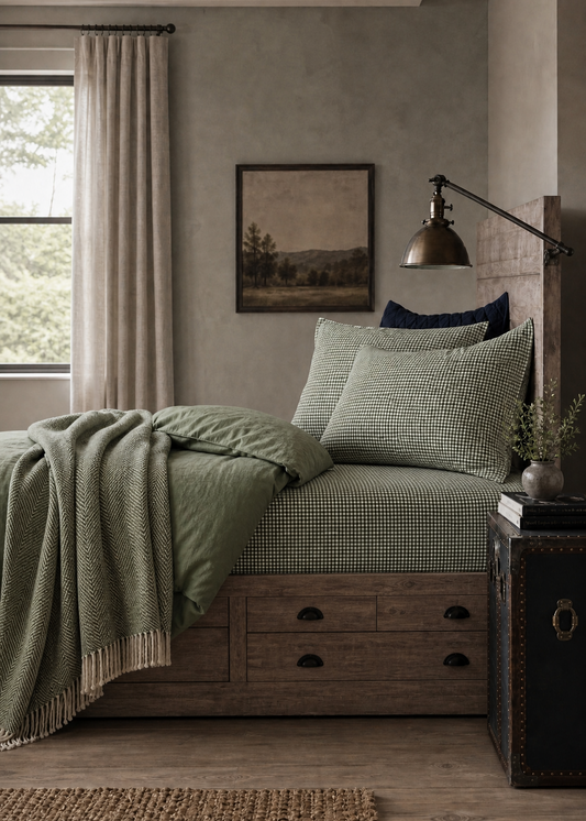 Cozy bedroom with green bedding and wooden furniture.