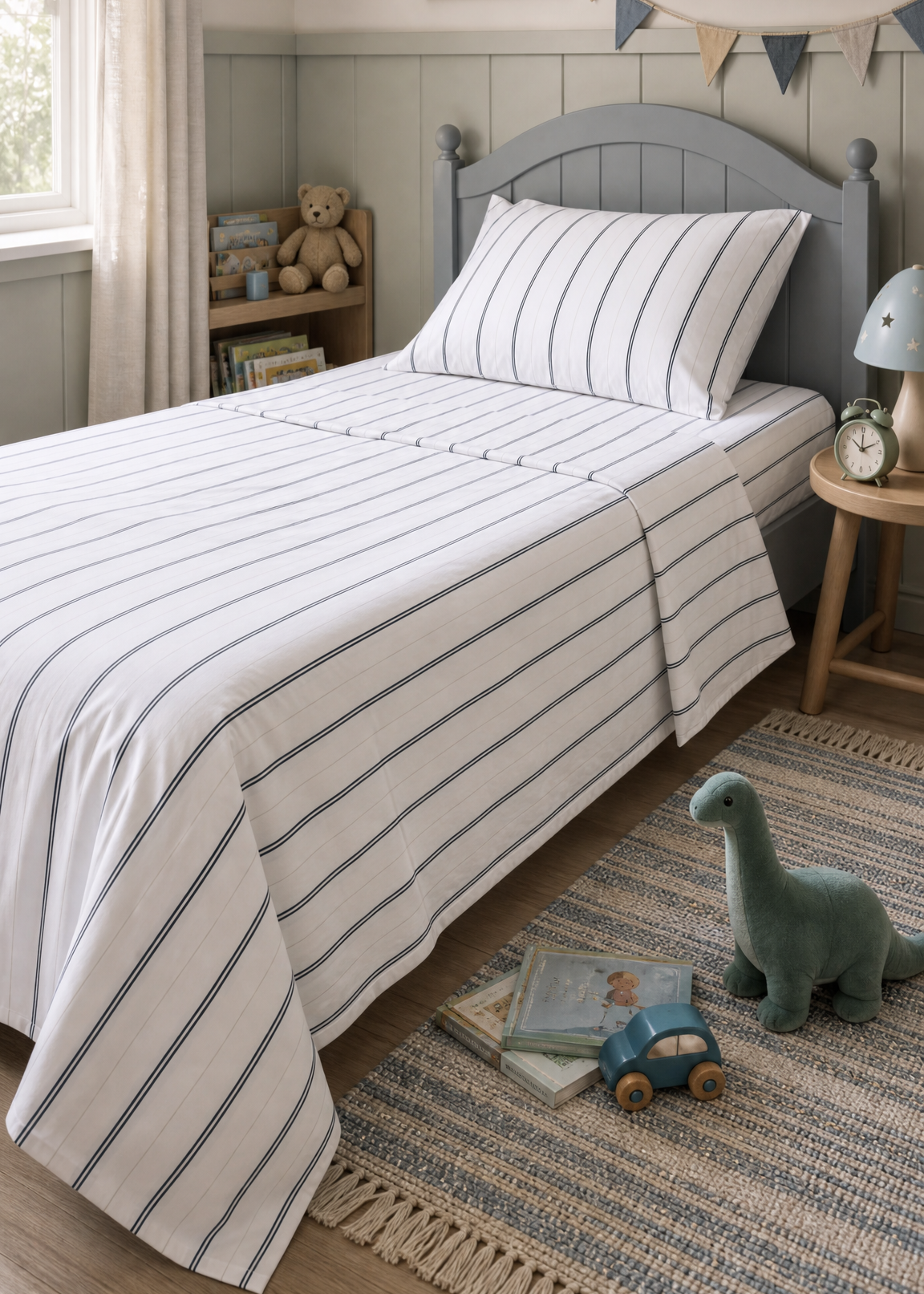 Children's bedroom with striped bedding on a bed, toys on the floor, and decor elements.