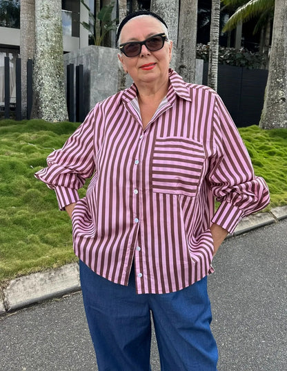 Oversized Cotton Shirt - Chocolate Stripes