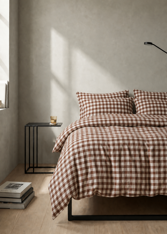 Mocha Gingham Linen Duvet | Made in Europe
